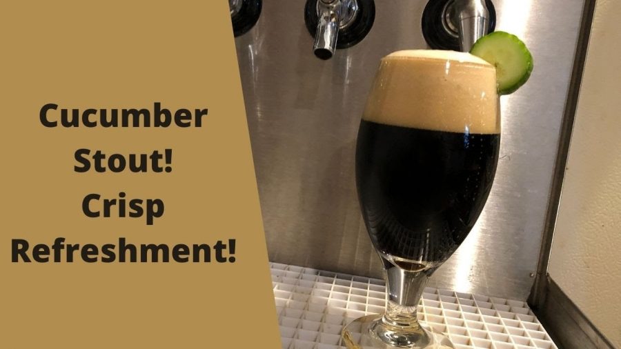 Cucumber Stout presented in a glass with a cucumber slice garnish.